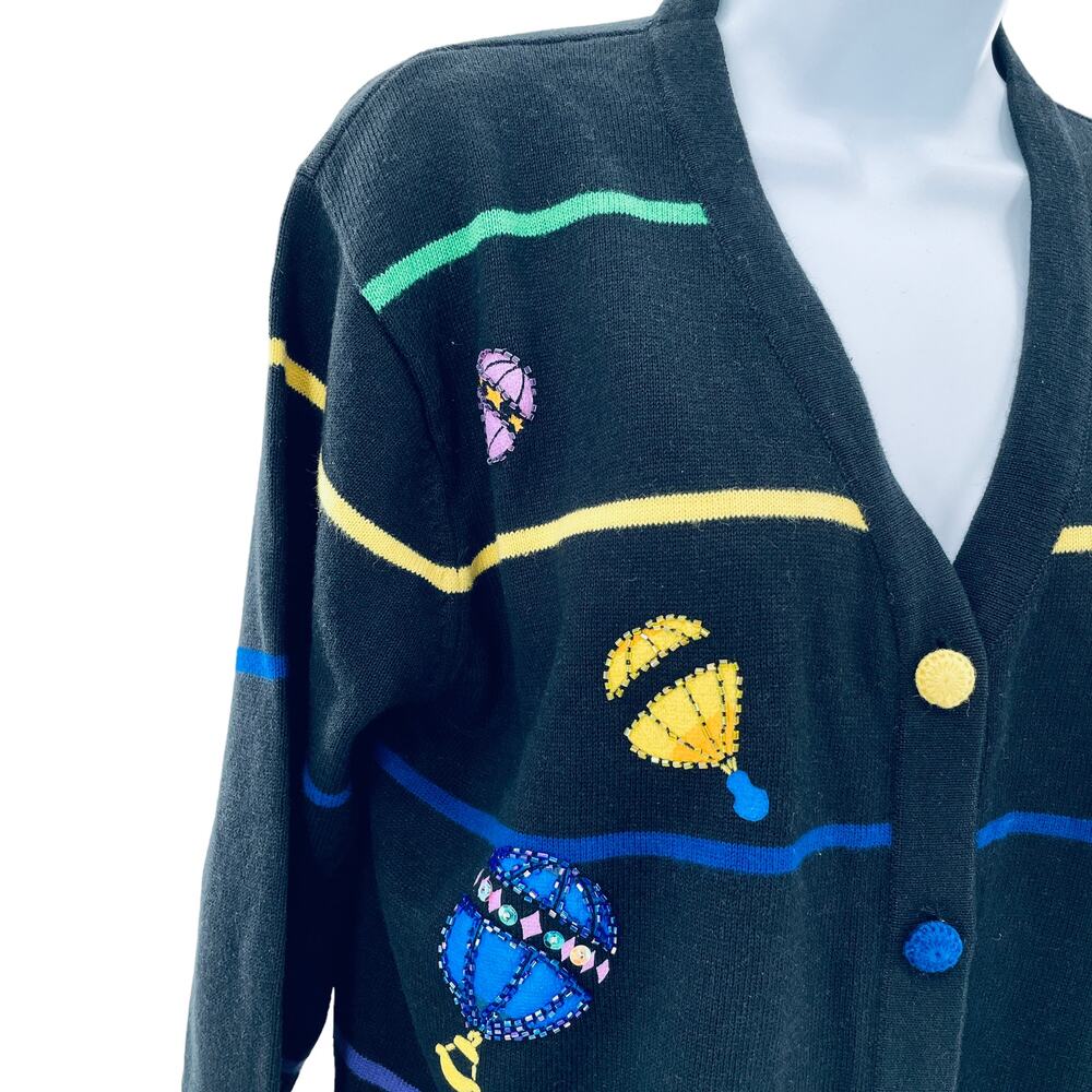 Vintage Terazzo Black Embroidered Colorful Sequin Hot Air Balloons Cardigan M - Picture 8 of 13
